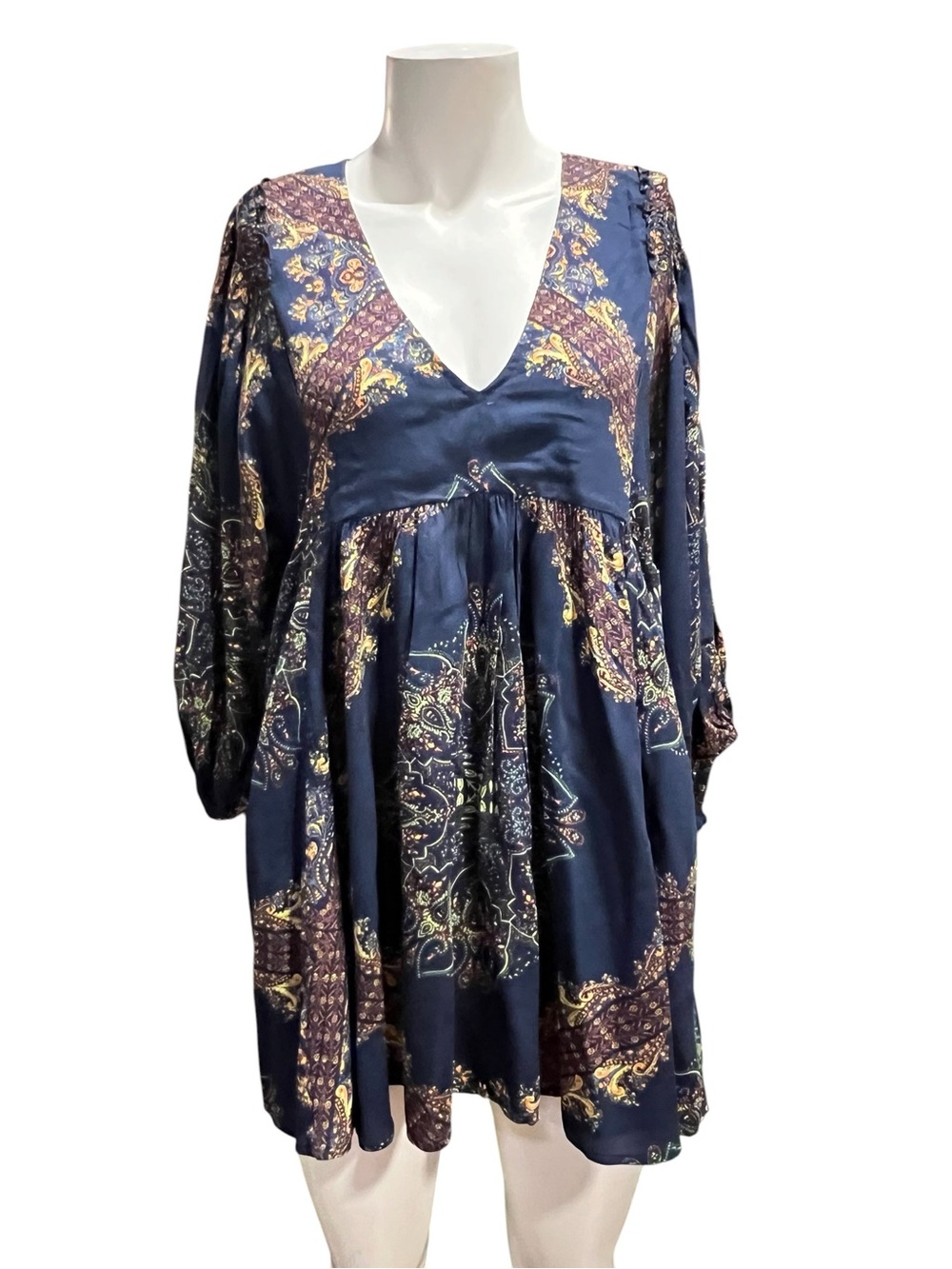 Free People Navy Paisley V-Neck Tunic Dress